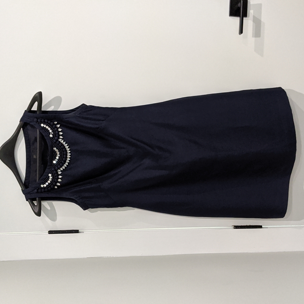Banana Republic embellished neckline, navy satin, lined A-line dress, size 4 - Picture 2 of 4